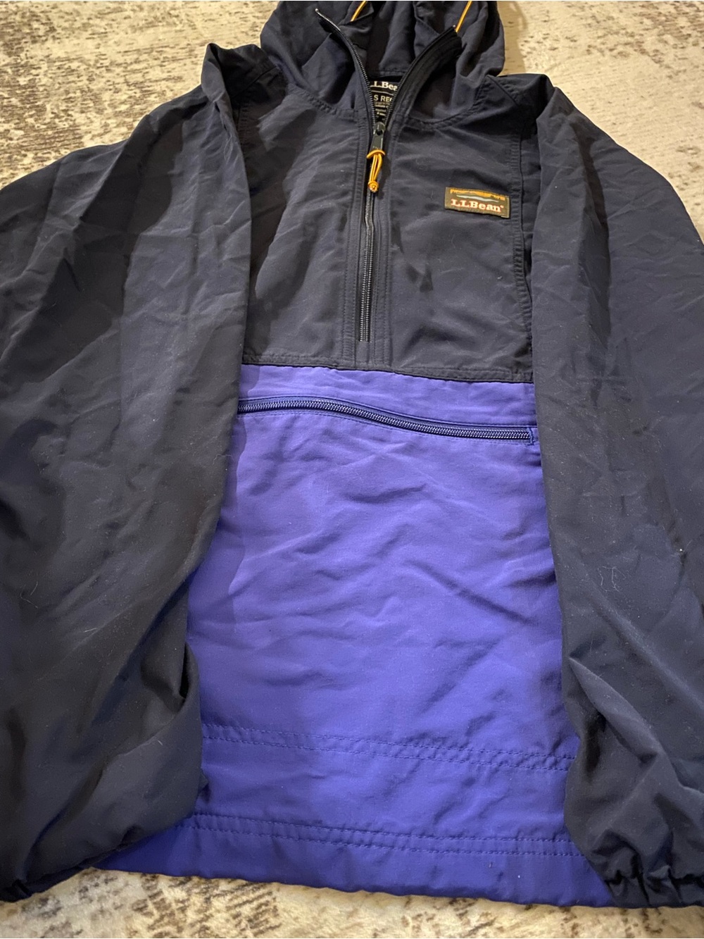 L.L. Bean Men’s Navy and Purple Hooded Pullover Windbreaker